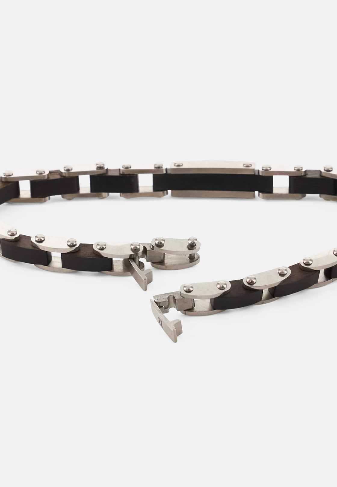 Bracciale A Maglia In Acciaio E Legno, Marrone scuro, hi-res, 3
