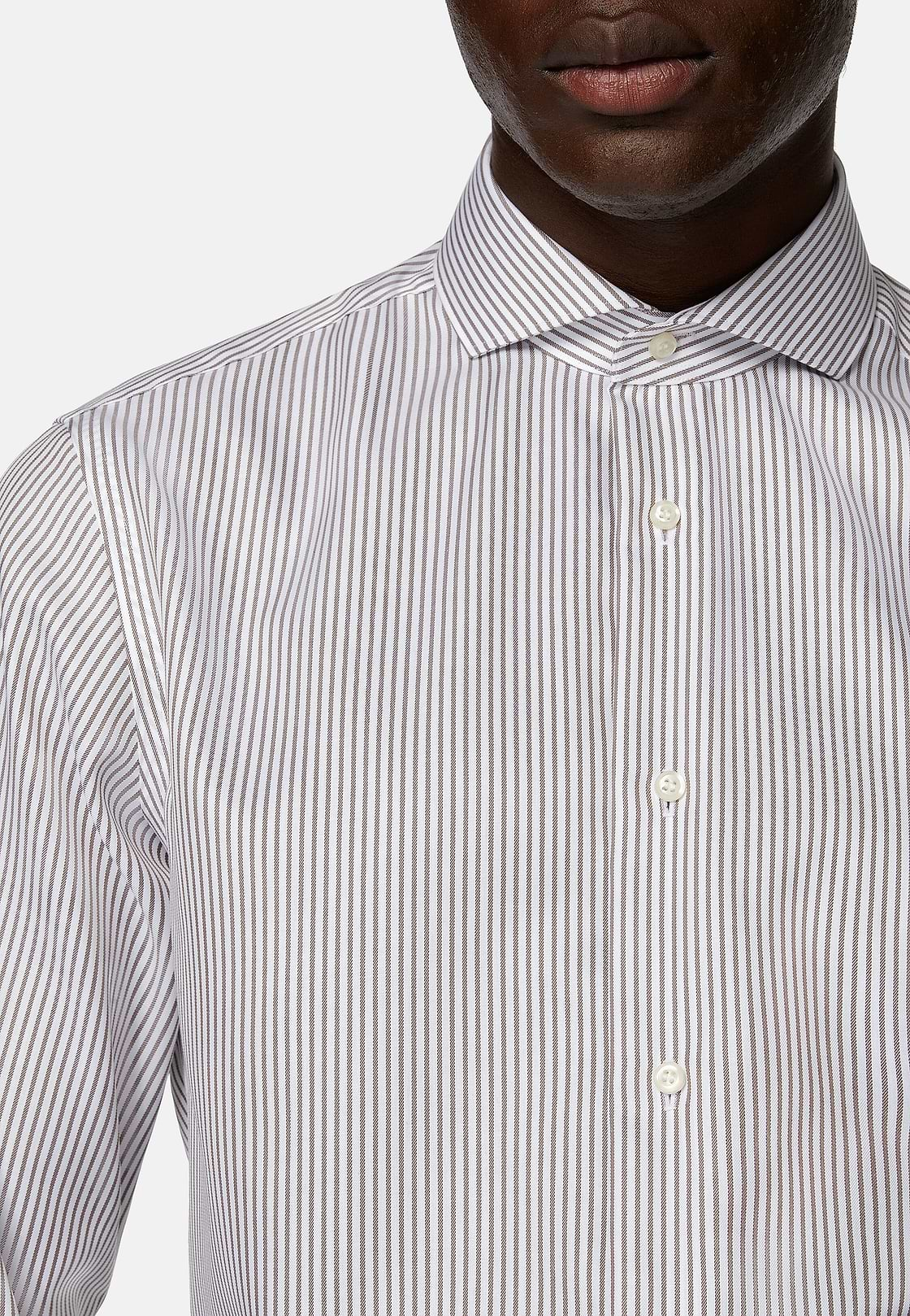 Slim Fit Striped Cotton Twill Shirt, Brown, hi-res