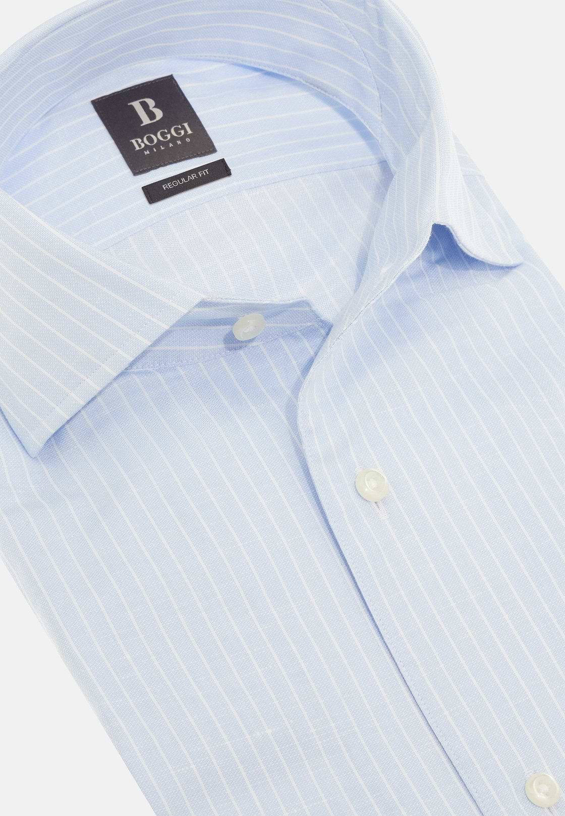 Chemise À Rayures En Coton Et Lin Regular Fit, Bleu clair, hi-res