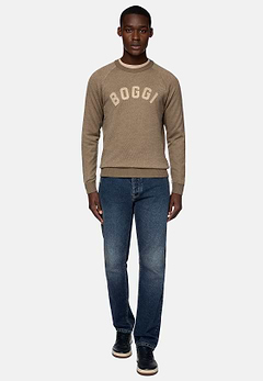 Brauner Pullover Mit Rundhalsausschnitt Aus Baumwolle, Wolle und Kaschmir