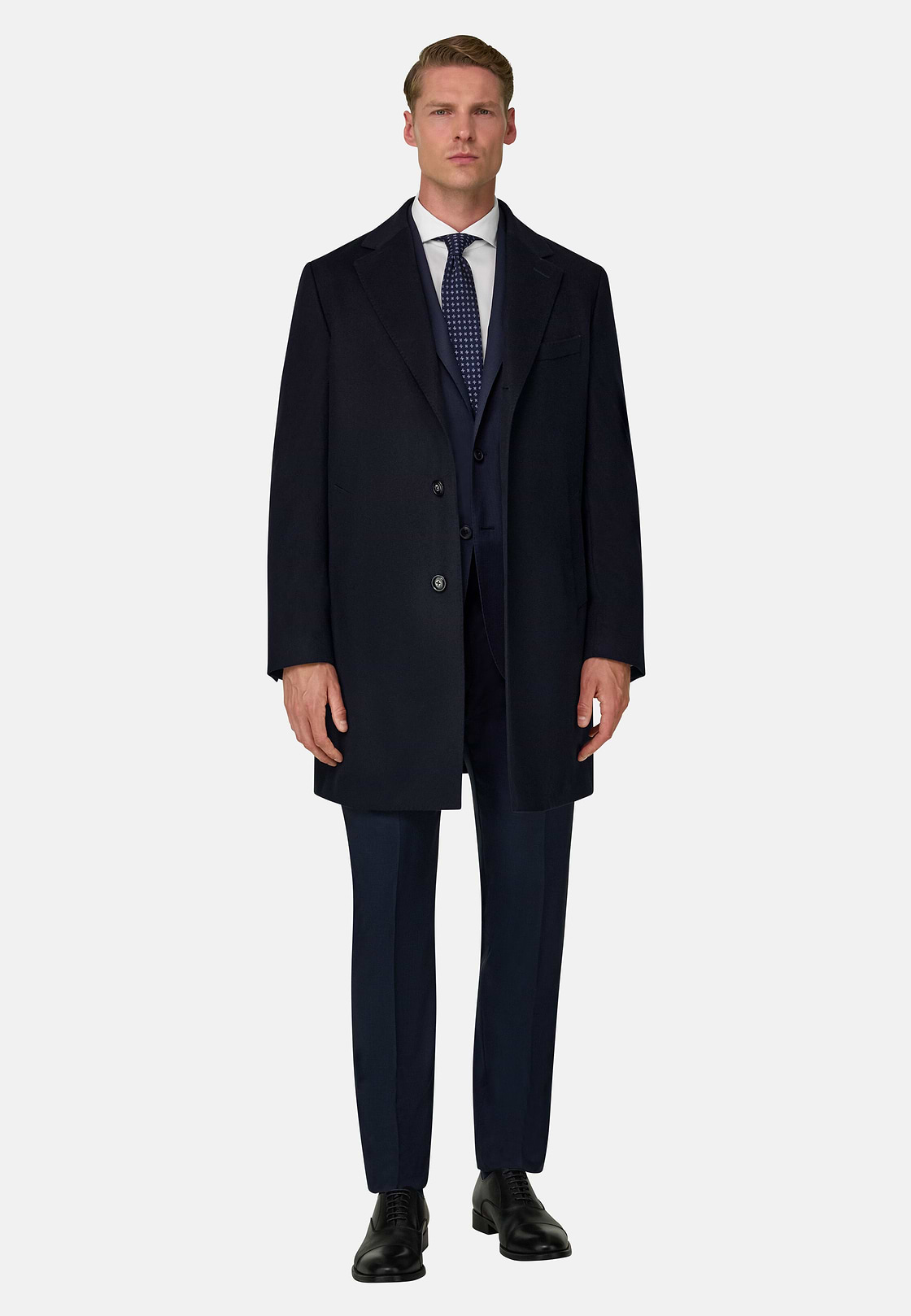 Coat in Pure Cashmere Single-Breasted, Navy blue, hi-res, 2