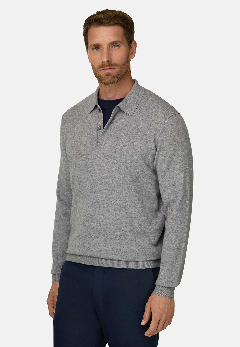 Knitted Polo Shirt in Cashmere Blend, Grey, hi-res