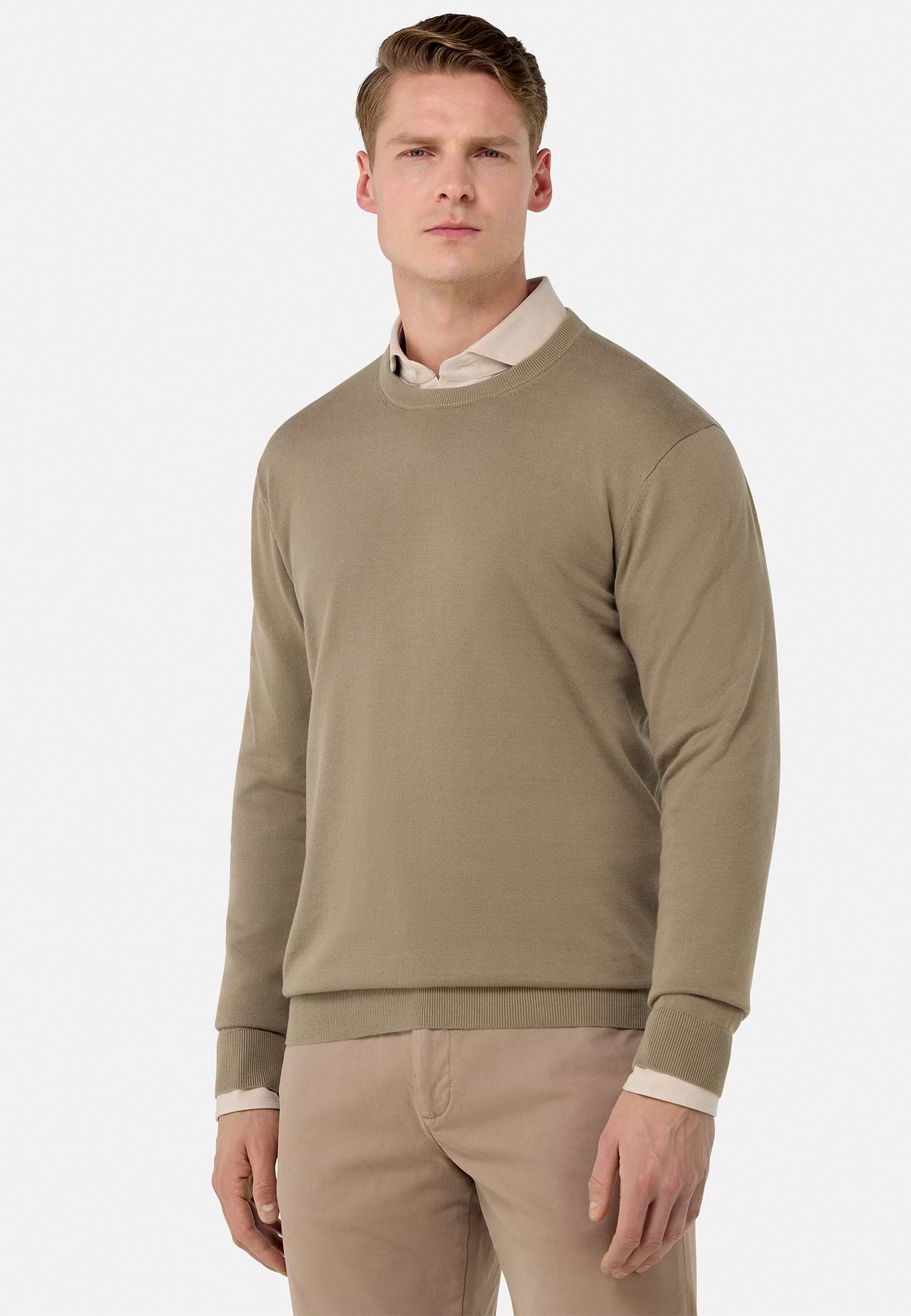 Cotton Crew Neck Jumper, Taupe, hi-res