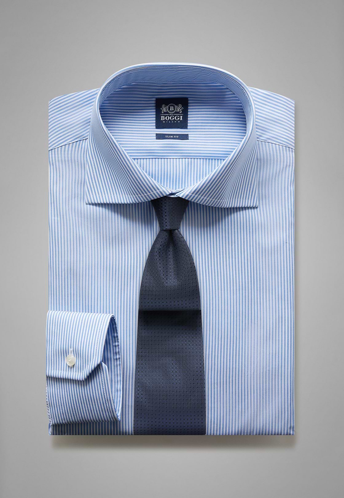 Camisa en algodón de rayas azules slim fit, , hi-res, 1