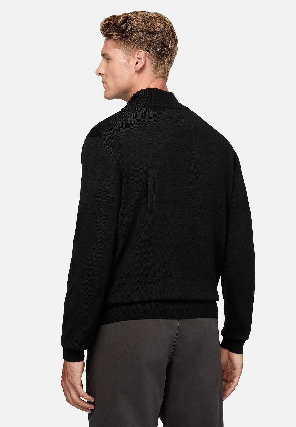 Schwarzer Pullover Mit Halbem Reißverschluss Aus Merinowolle, Schwarz, hi-res