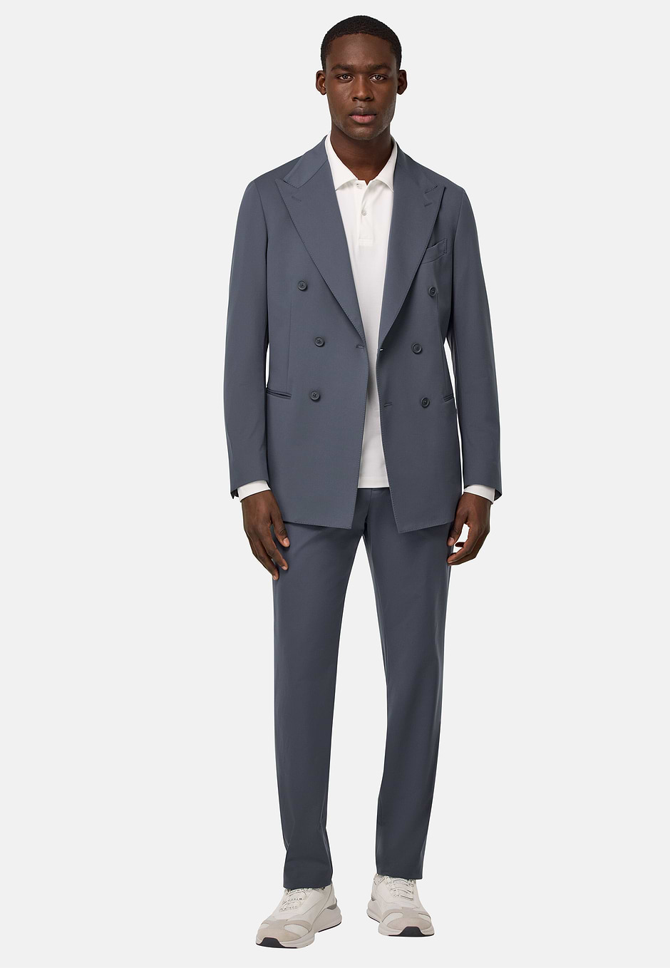 B Tech Double-Breasted Jacket in Stretch Nylon, Charcoal, hi-res