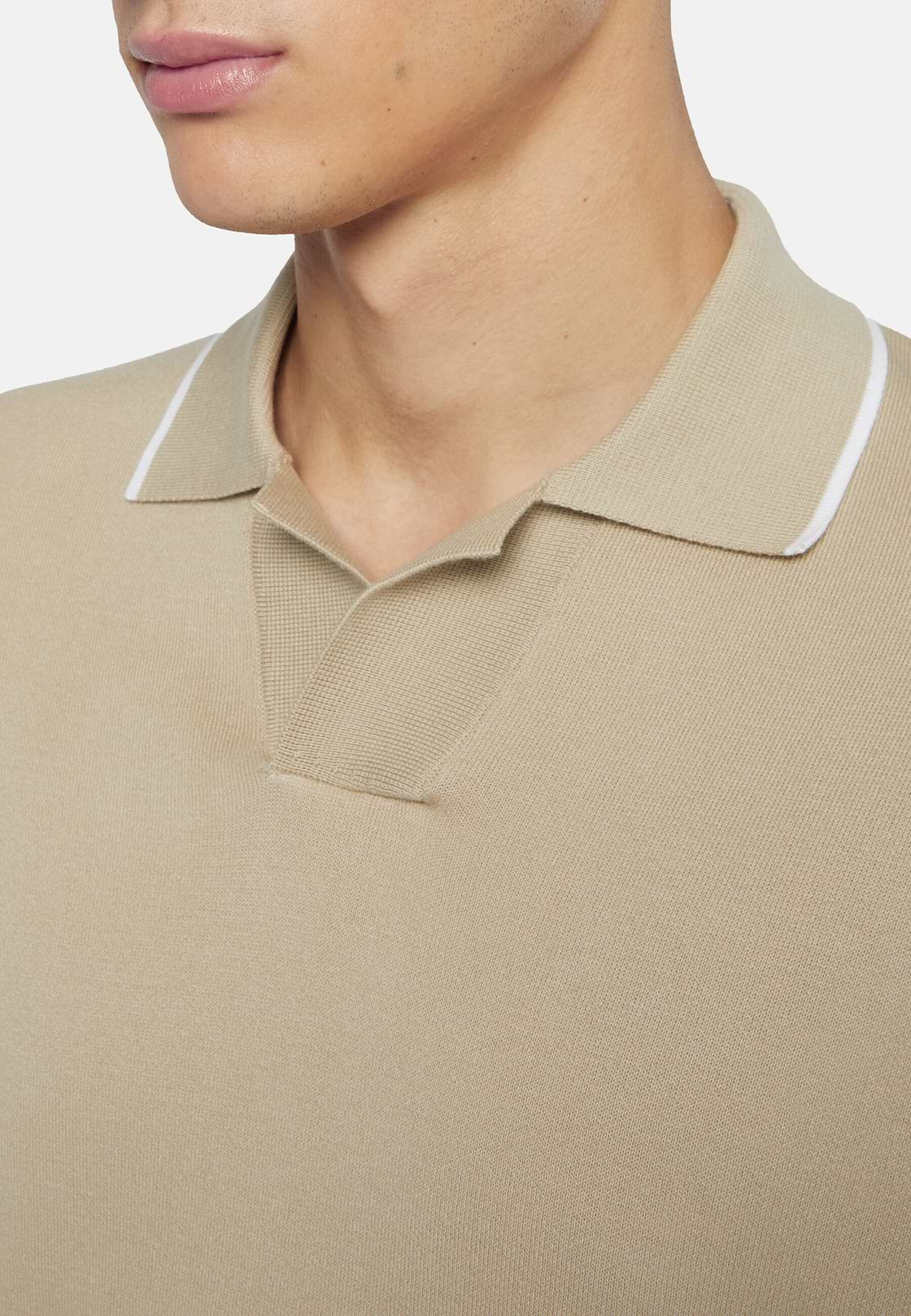 Beige Cotton Open Neck Polo Jumper, Beige, hi-res