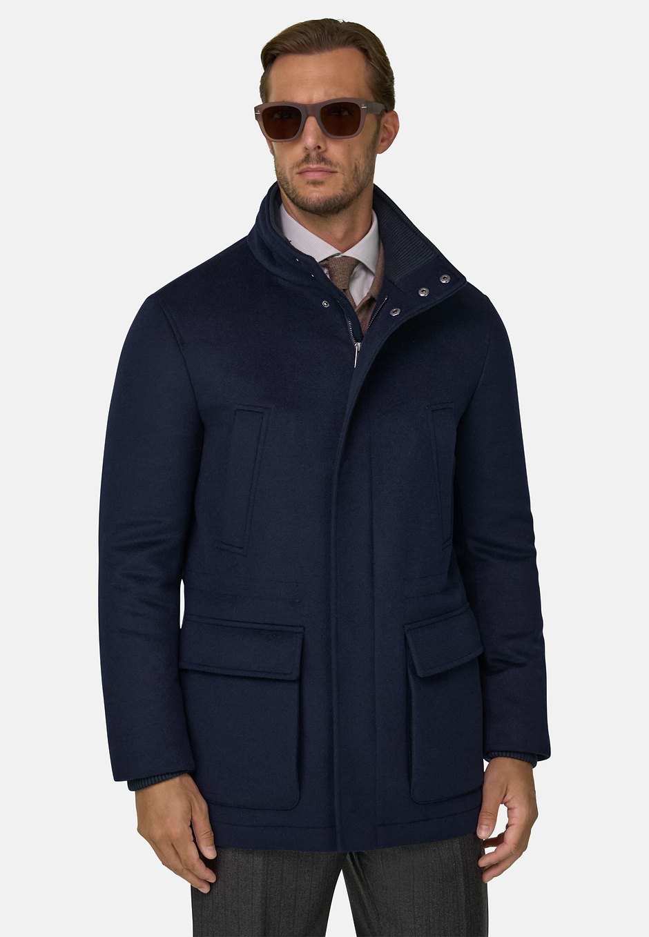 Car Coat Padded in Wool Cashmere, Navy blue, hi-res