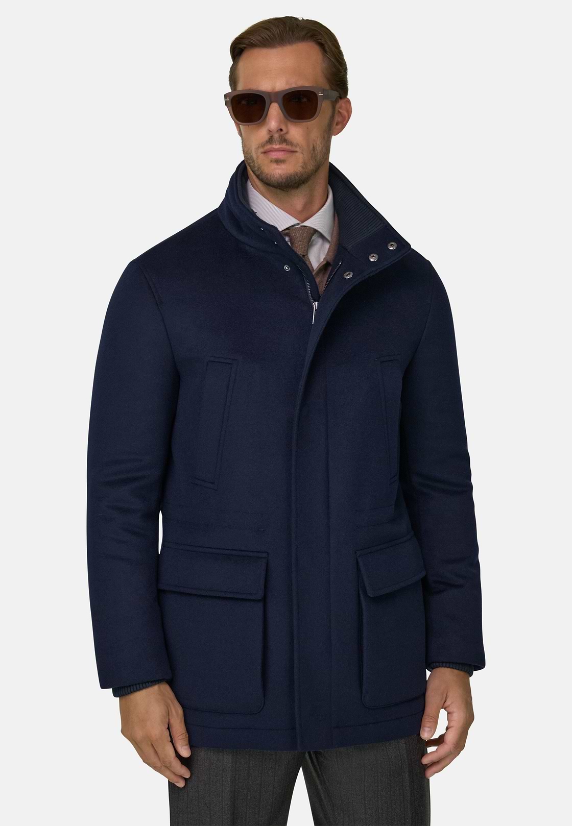 Car Coat Padded in Wool Cashmere, Navy blue, hi-res, 1