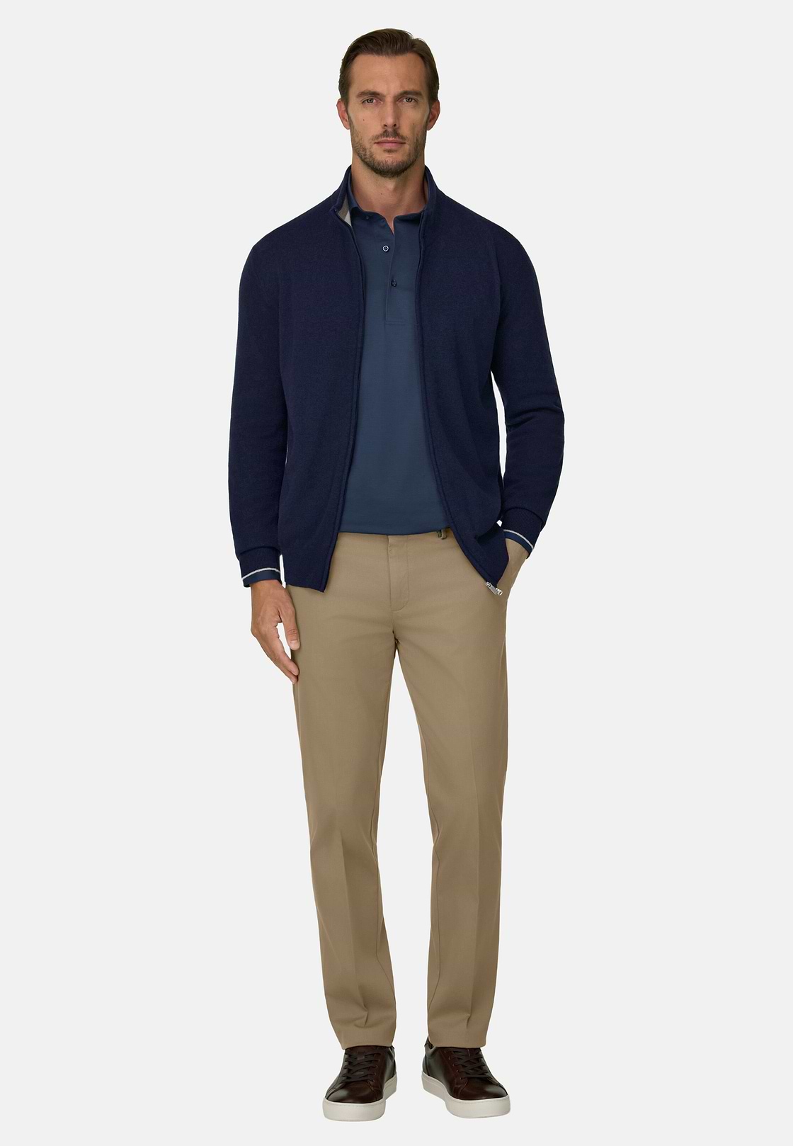 Full-Zip Jumper in Cashmere Blend, Navy blue, hi-res, 2