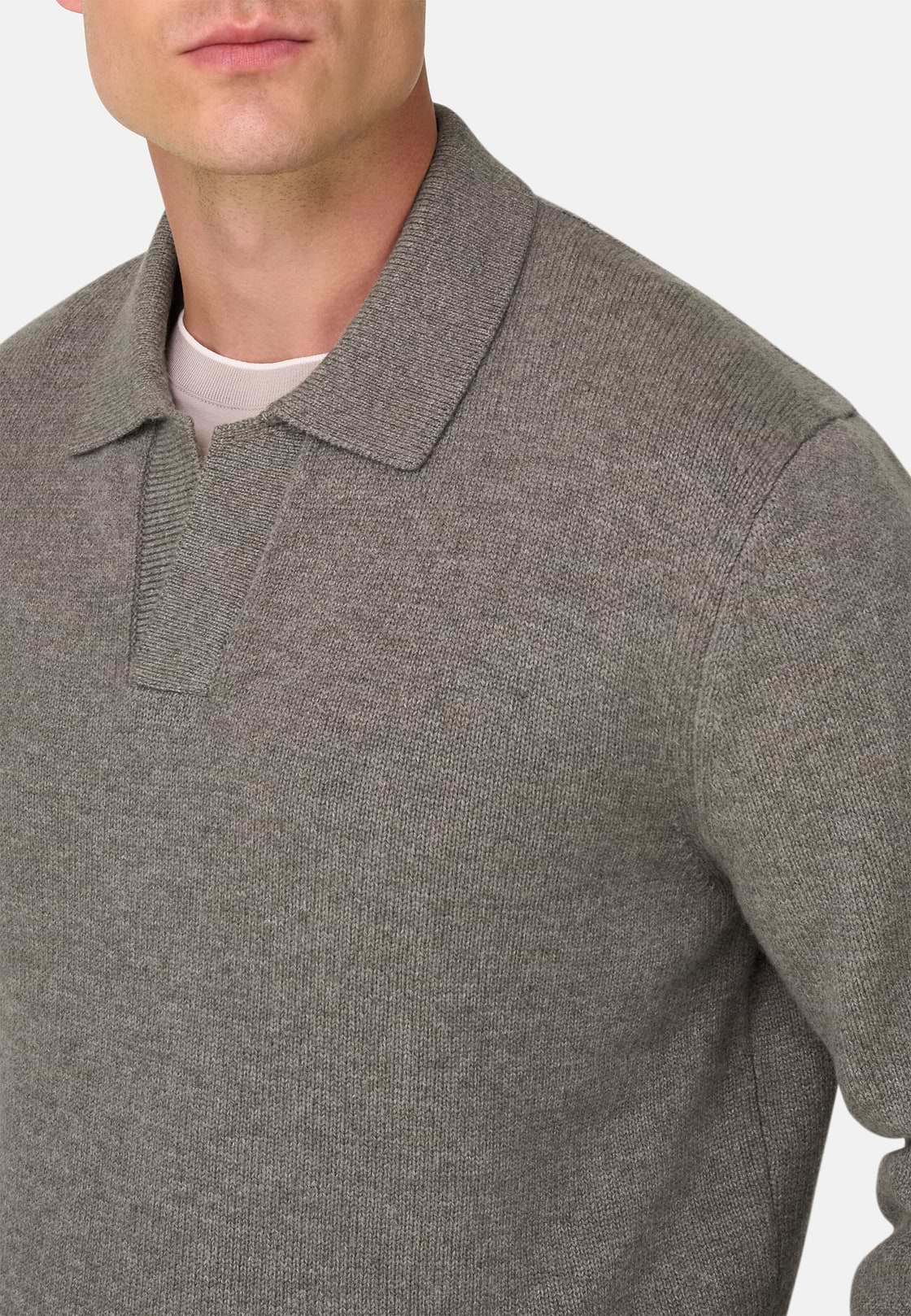 Knitted Polo Shirt in Wool Cashmere, Taupe, hi-res, 3