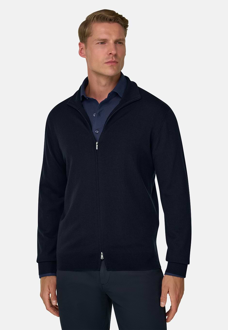 Sweter z Pełnym Zamkiem z Wełny Merino Extrafine, Navy blue, hi-res
