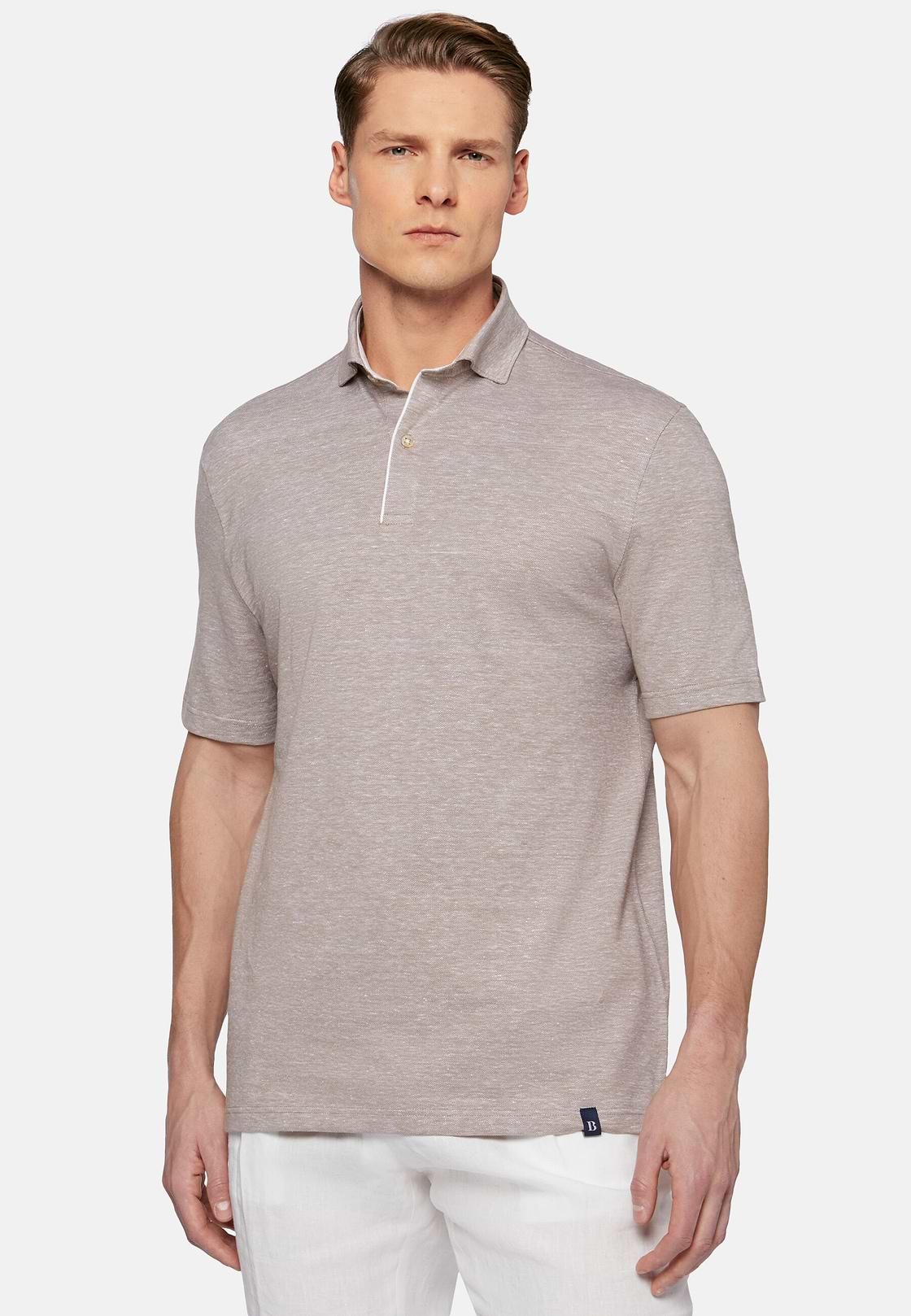 Cotton/Linen Piqué Polo Shirt, Beige, hi-res