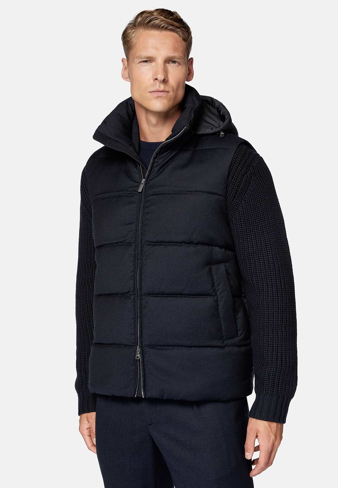 Gilet In Flanella Imbottito In Piuma Con Cappuccio, Navy, hi-res