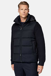 Gilet In Flanella Imbottito In Piuma Con Cappuccio, Navy, hi-res