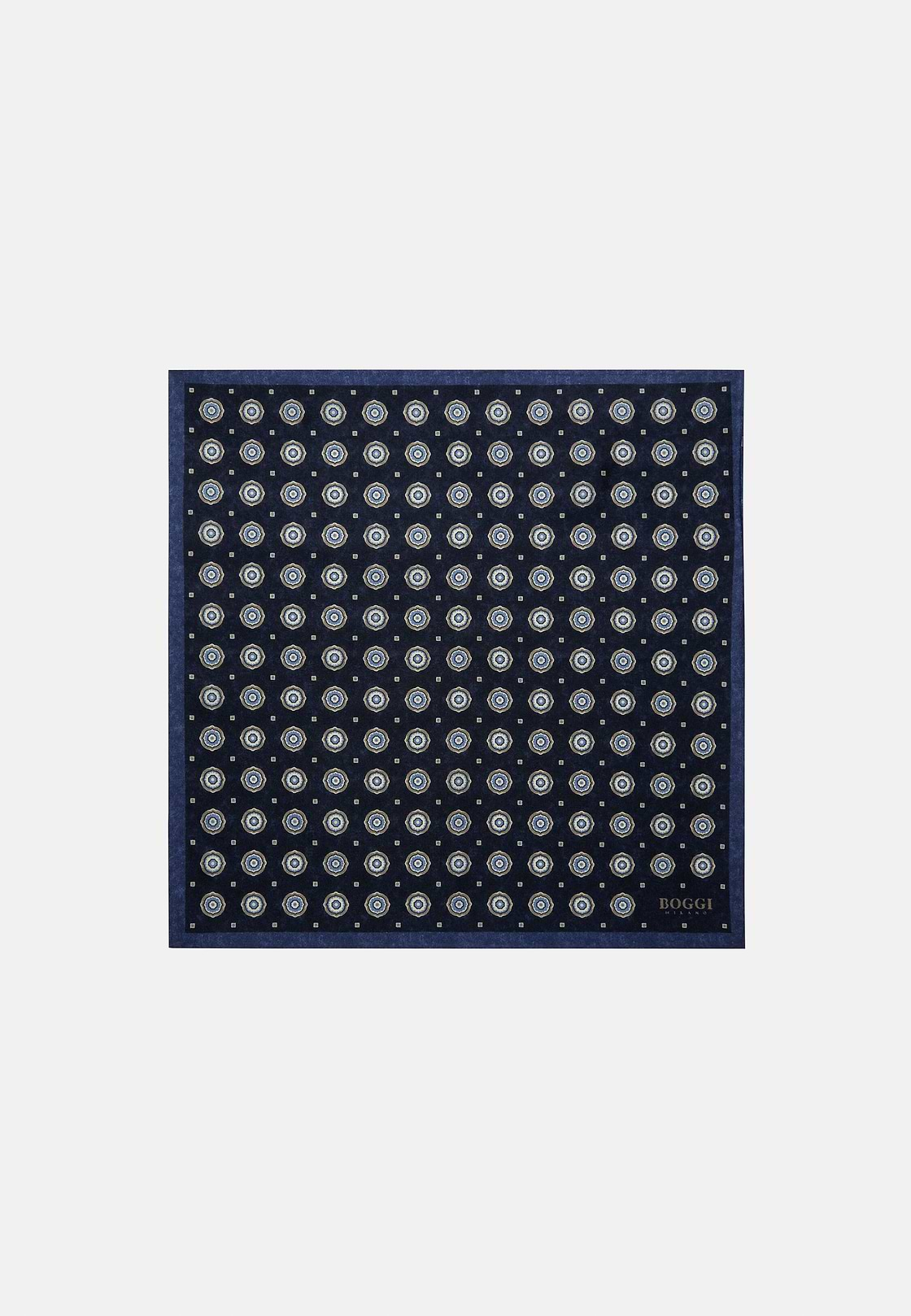 Silk Pocket square with Medalions Motif, Navy blue, hi-res