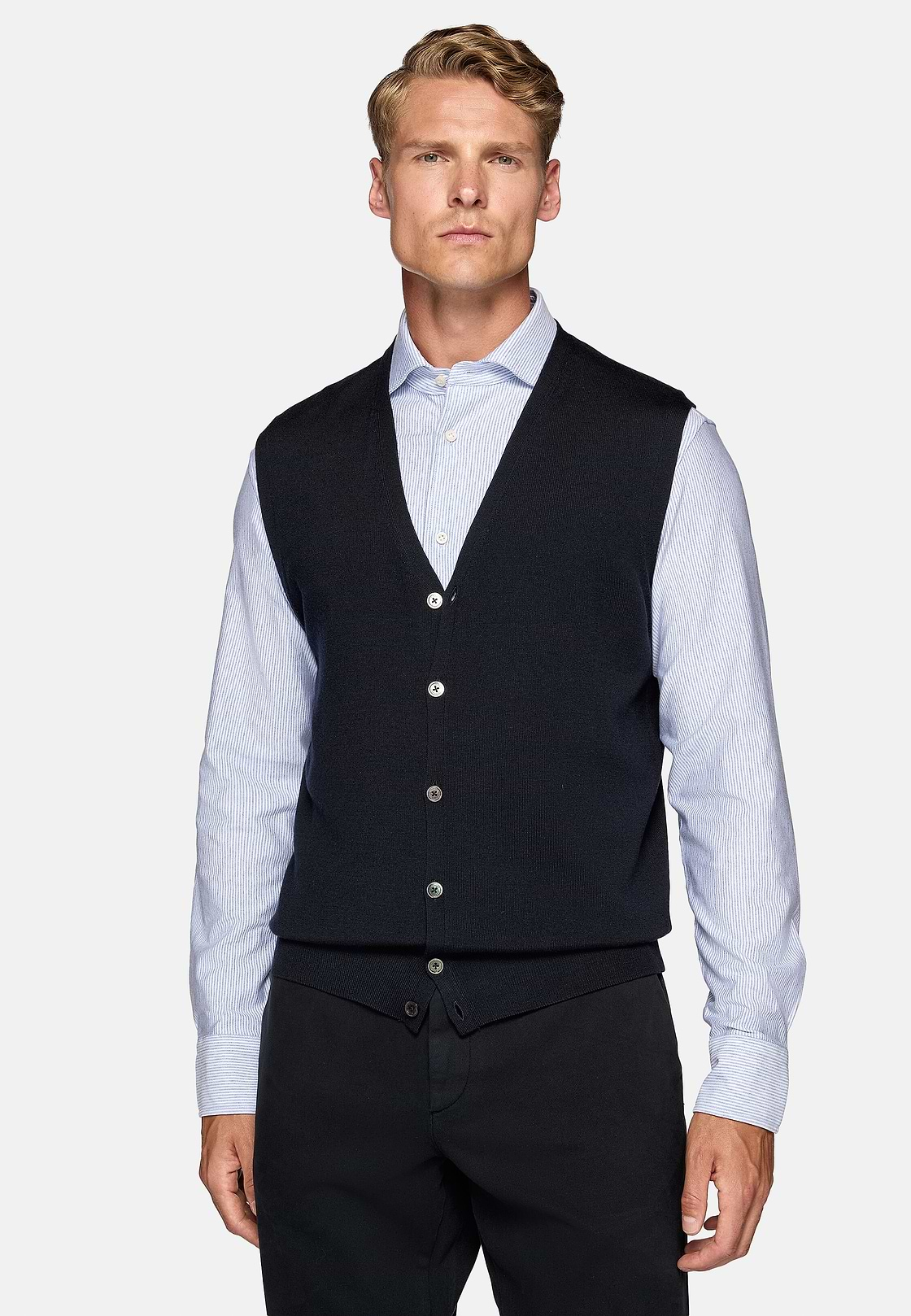 Navy Merino Wool Knitted Waistcoat, Navy blue, hi-res