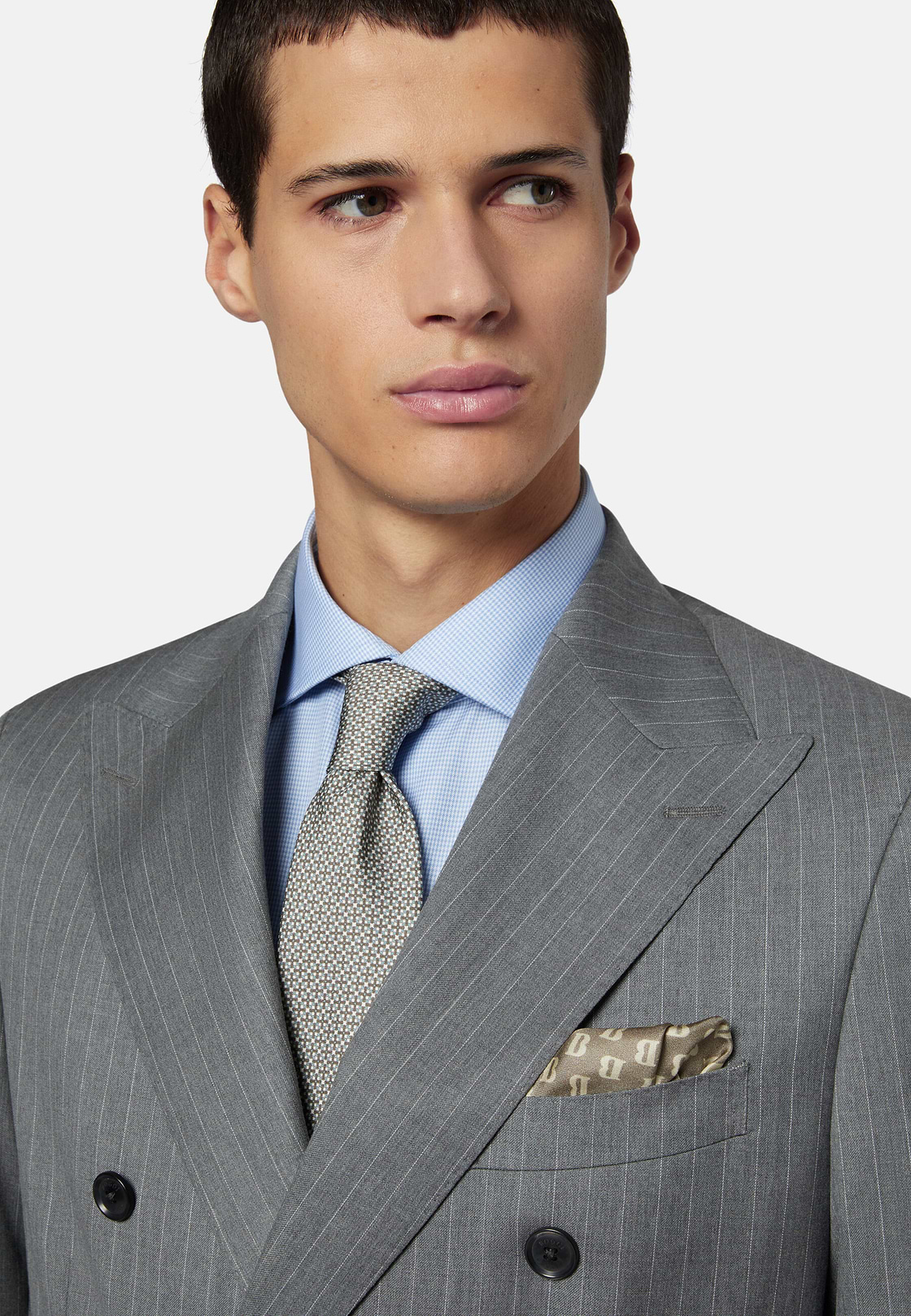 Double-Breasted Grey Pinstripe Suit In Pure Wool, Grey, hi-res