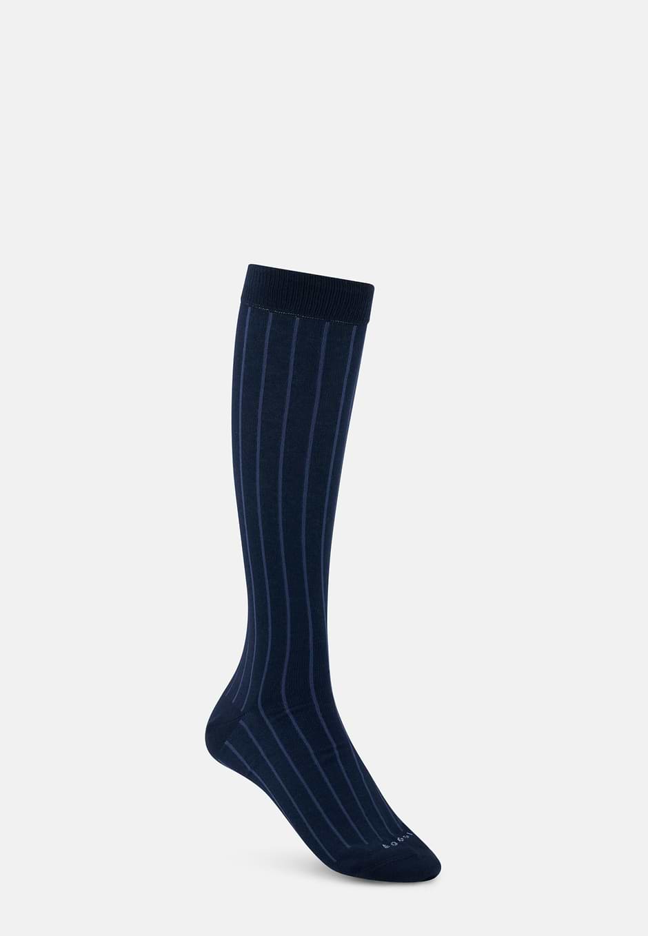 Long Socks Pinstripe Cotton Blend, Navy blue, hi-res