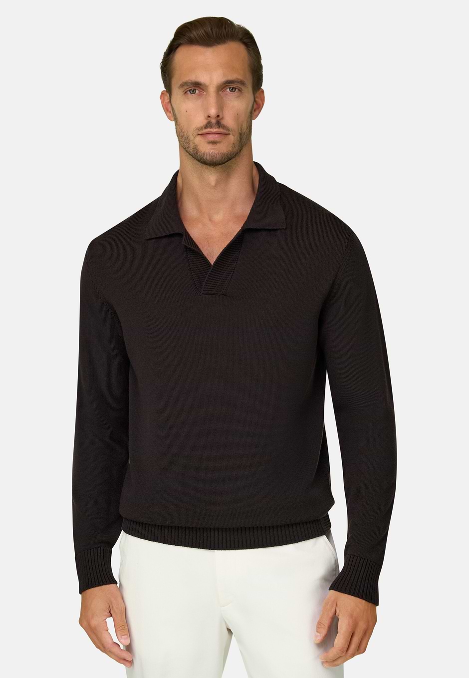 Polo z Dzianiny z Wełny Merino Extrafine, Brown, hi-res