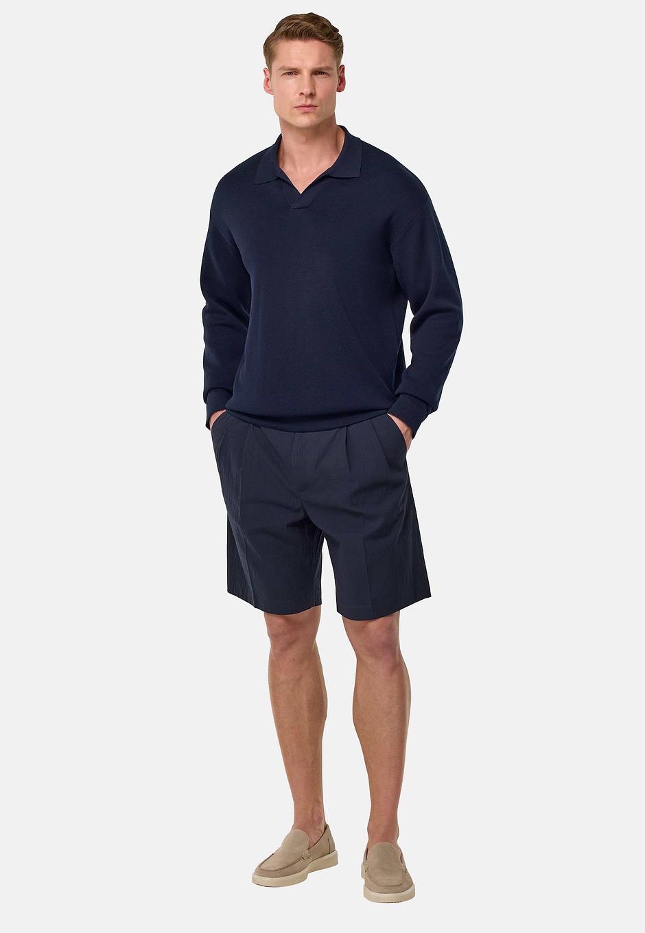 Cotton and Silk Knitted Polo Shirt, Navy blue, hi-res