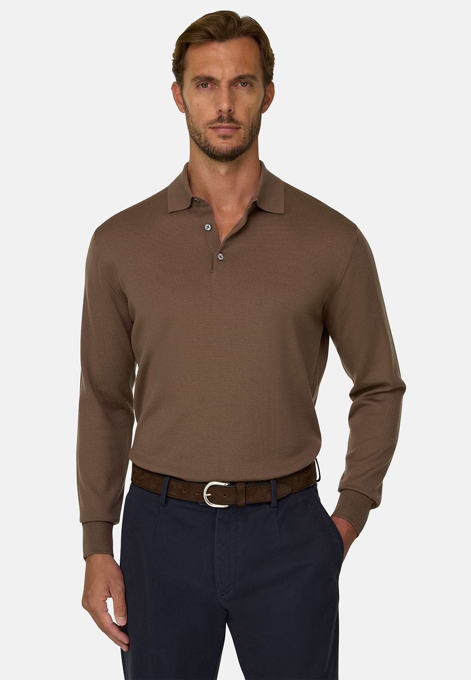Knitted Polo Shirt in Merino, Brown, hi-res