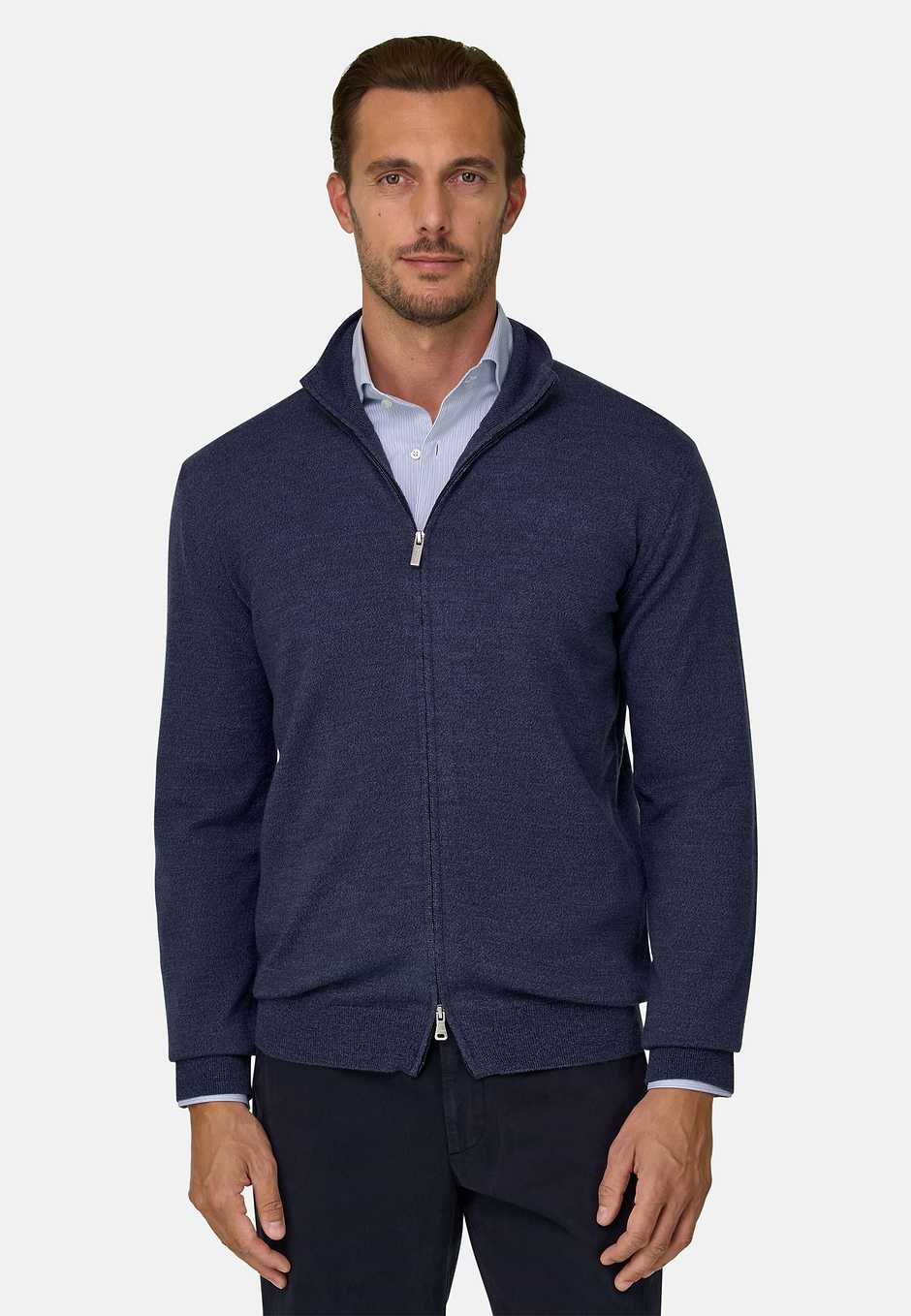 Maglia Full Zip in Lana Merino Cashwool® Mouliné, Indaco, hi-res