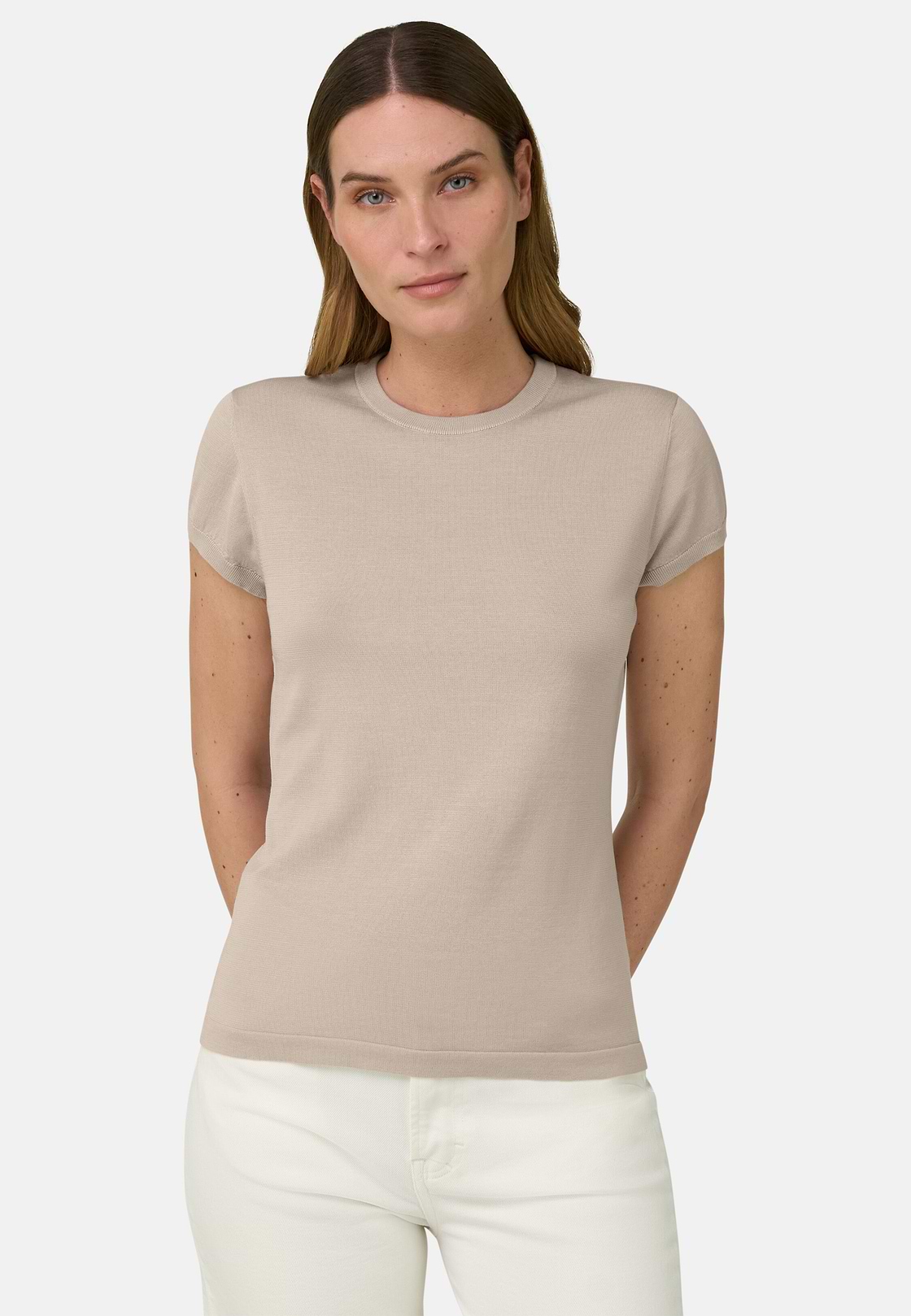 T-Shirt Aus Baumwoll-Seiden-Strick, Sand, hi-res, 1