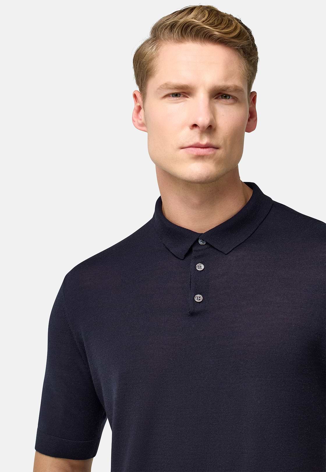 Knitted Merino Wool Polo, Navy blue, hi-res