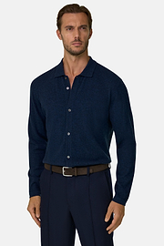 Knitted Shirt in Wool Cashmere, Navy blue, thumb, 1