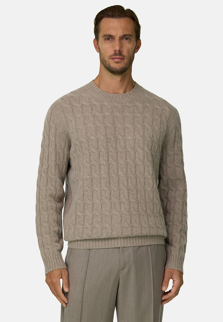 Jersey de cuello redondo en lana cashmere, Beige, hi-res