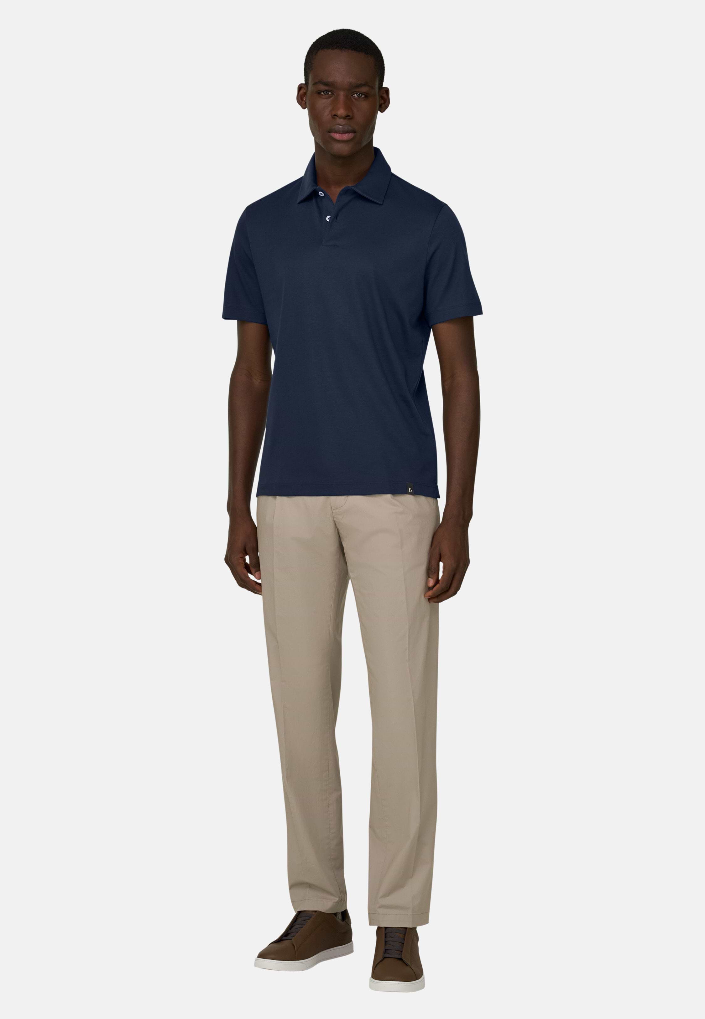 Men's Pima Interlock Button Polo, Navy blue | Boggi Milano