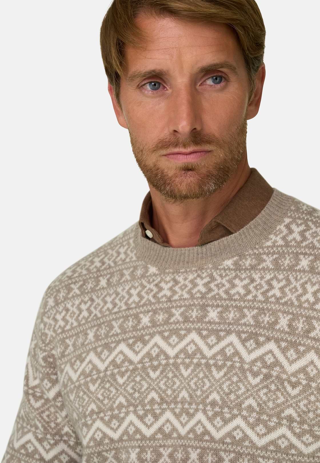 Crew Neck Jumper in Cashmere Wool Fair Isle Pattern, Beige, hi-res, 3