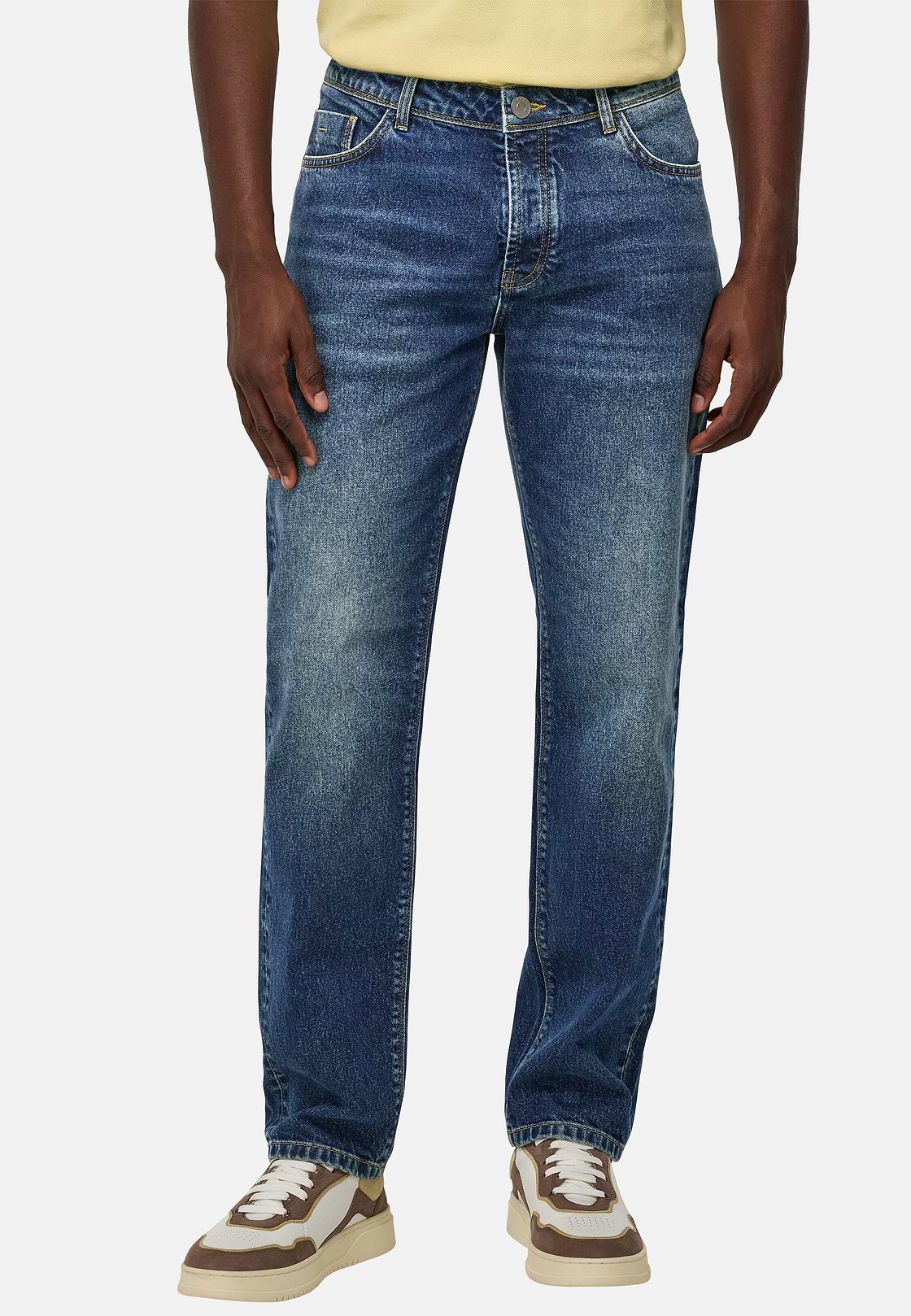 Jean En Denim Extensible Bleu À Délavage Moyen, Bleu, hi-res