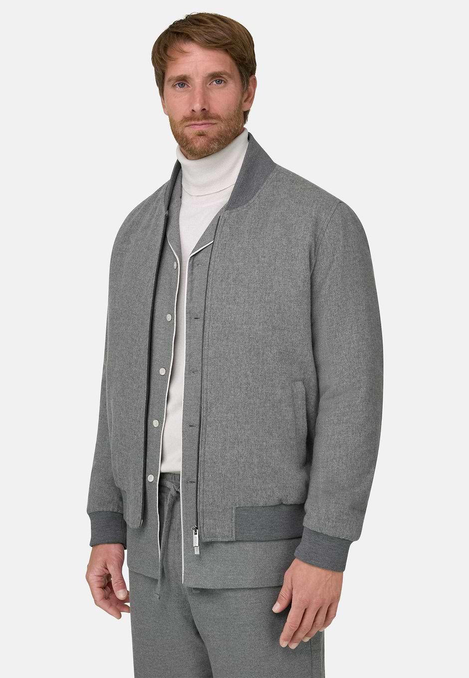 Bomber Padded in Wool Cashmere, Grey, hi-res