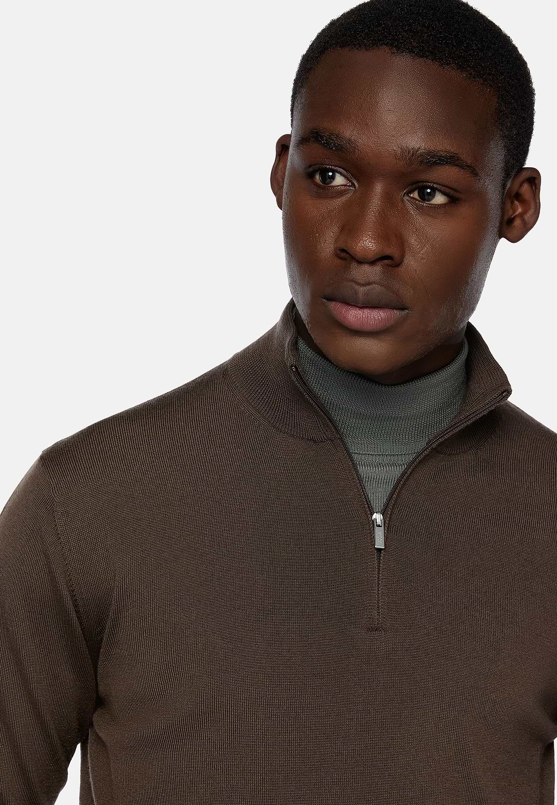 Brown Merino Wool Half-Zip Jumper, Brown, hi-res