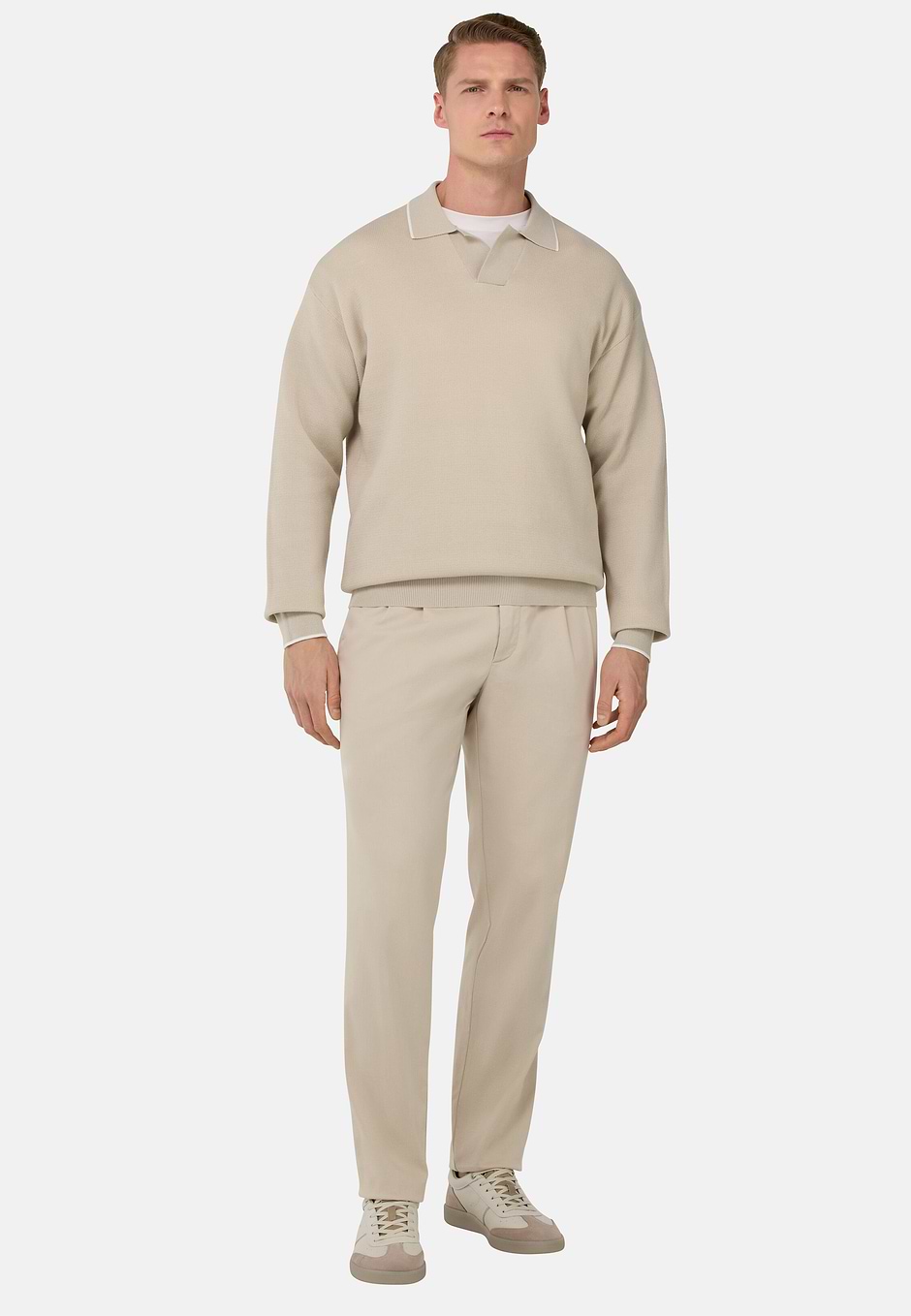 Open Neck Knitted Polo Shirt in a Cotton Blend, Sand, hi-res