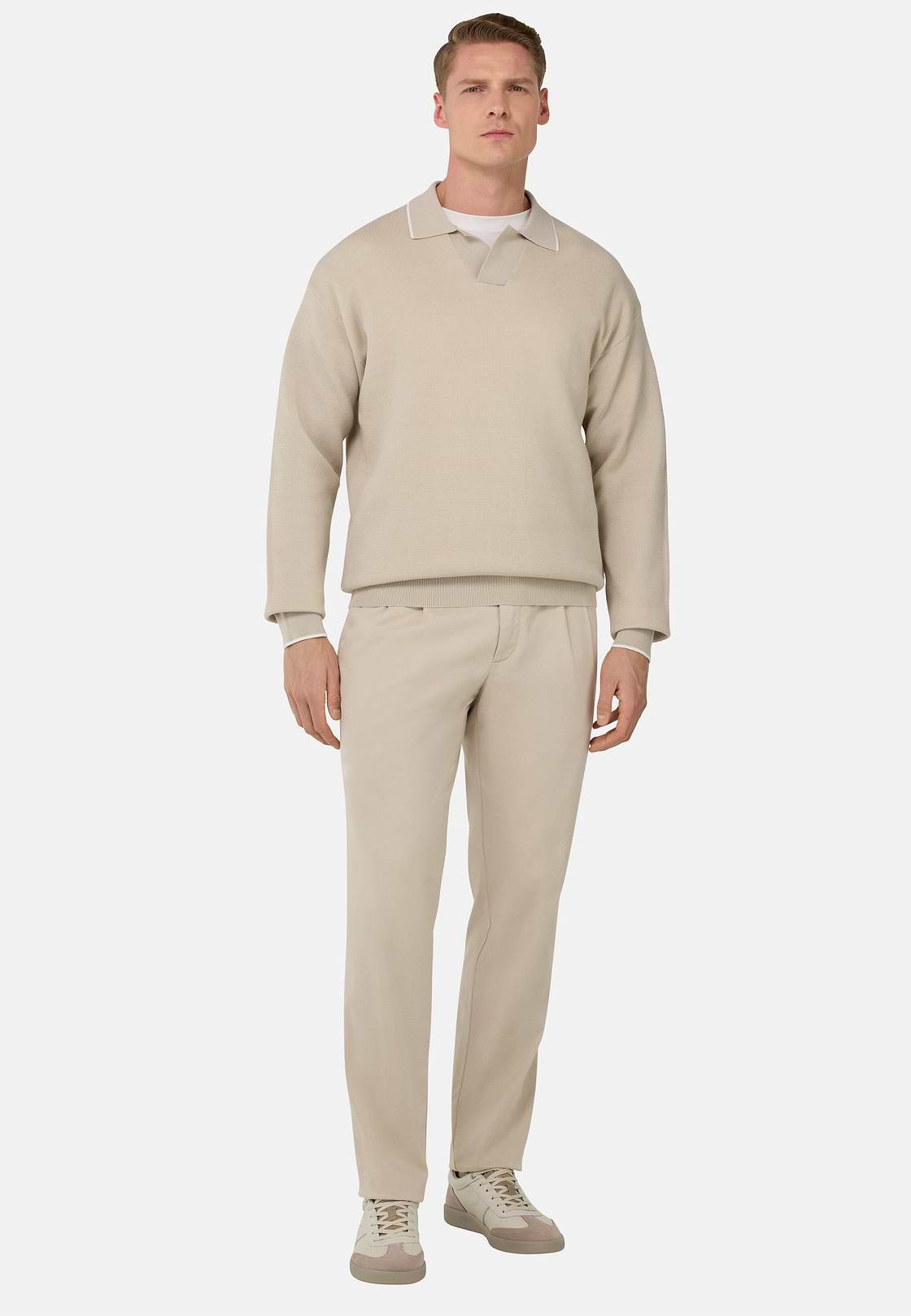 Open Neck Knitted Polo Shirt in a Cotton Blend, Sand, hi-res