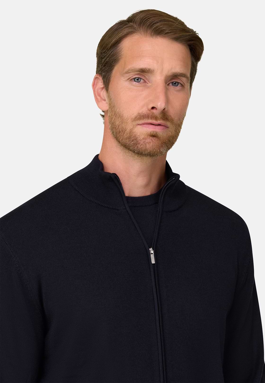 Full-Zip Jumper in Merino Wool, Navy blue, hi-res, 3