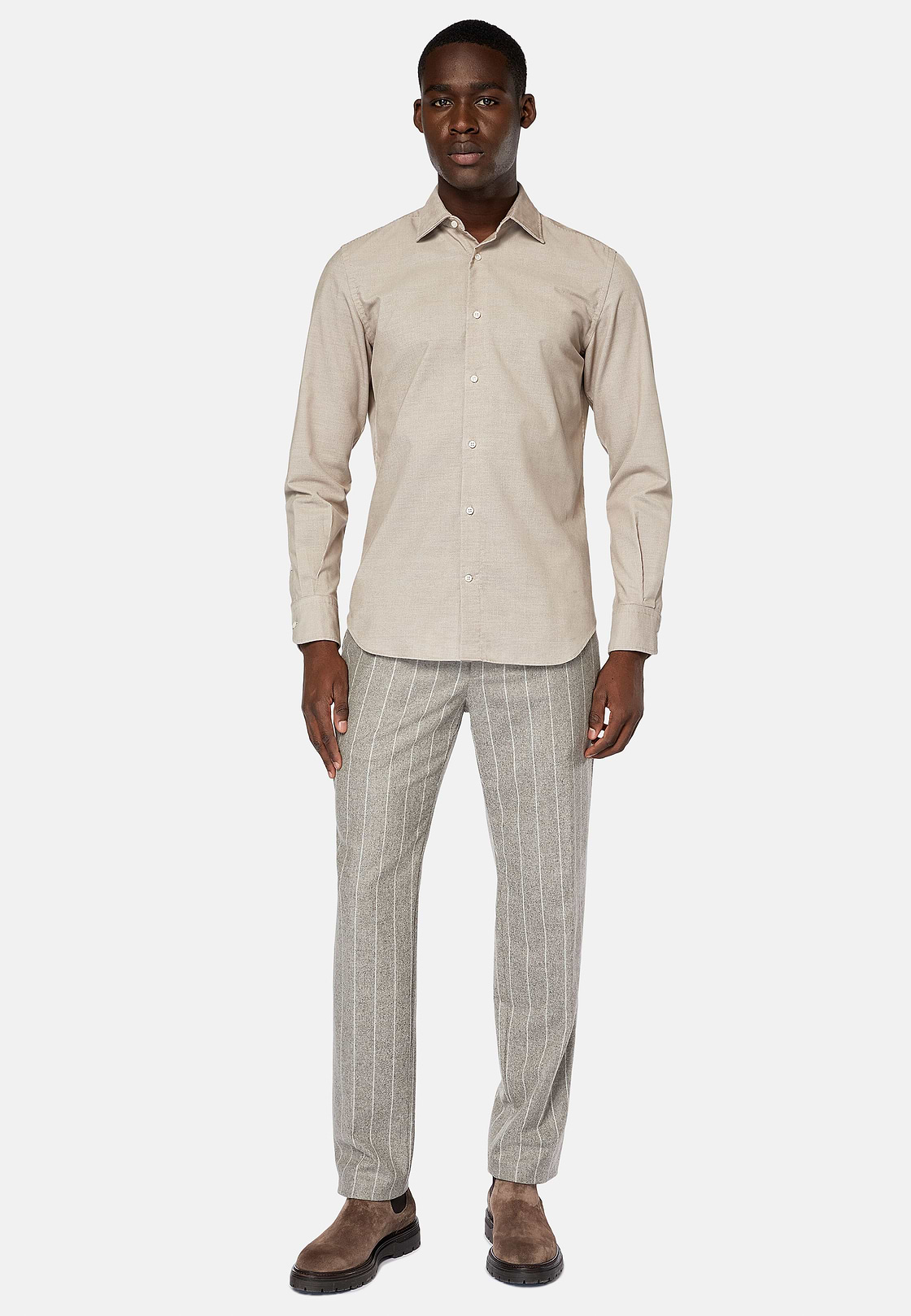 Camisa De Terciopelo De Algodón Regular Fit, Beige, hi-res