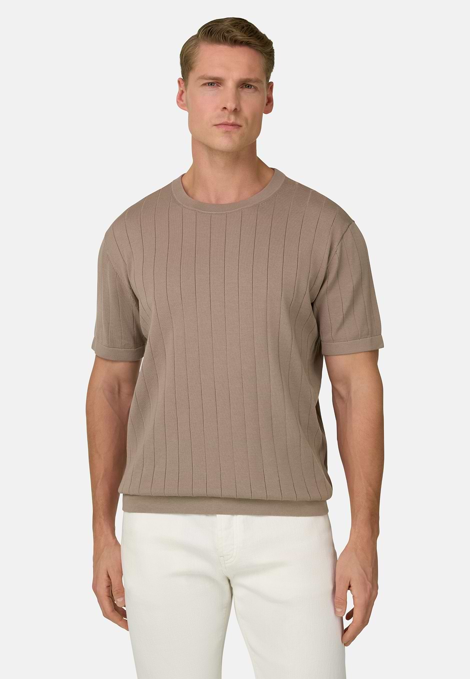 T-shirt Maille En Coton Et Soie, Taupe, hi-res