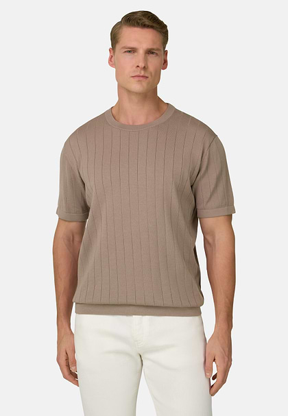 Knitted T-Shirt in Cotton and Silk, Taupe, hi-res