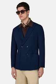 BROOKLYN | Micro Textured Double-Breasted Jacket in Pure Cotton, Navy blue, thumb, 1