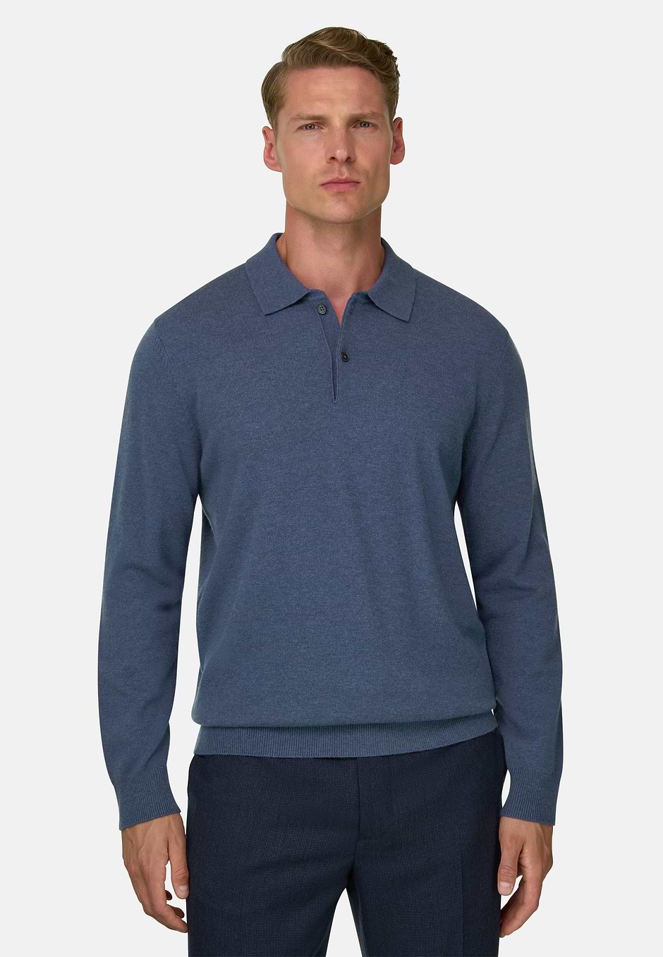 Knitted Polo Shirt in Cashmere Blend, Indigo, hi-res