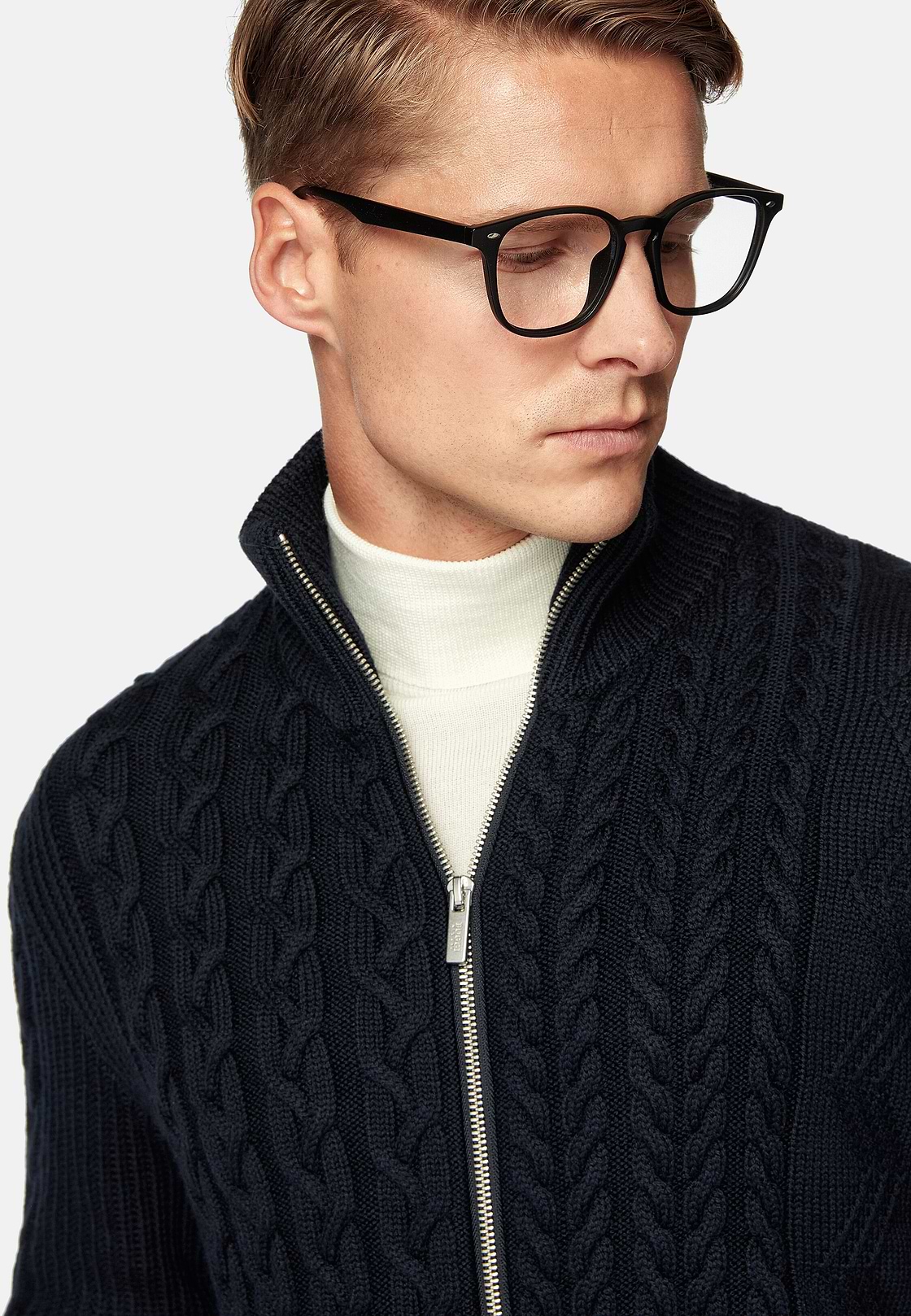 Navy Mixed Stitch Merino Wool Full Zip Jumper, Navy blue, hi-res