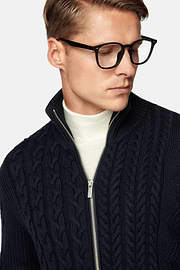 Navy Mixed Stitch Merino Wool Full Zip Jumper, Navy blue, hi-res