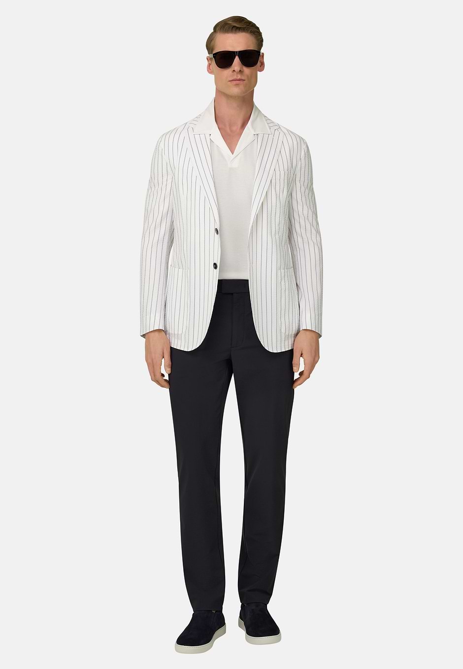 Super-Lightweight Pinstripe Jacket in Stretch Cotton, White, hi-res