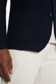 Navy Crêpe Cotton Knitted Single Breasted Jacket, Navy blue, hi-res