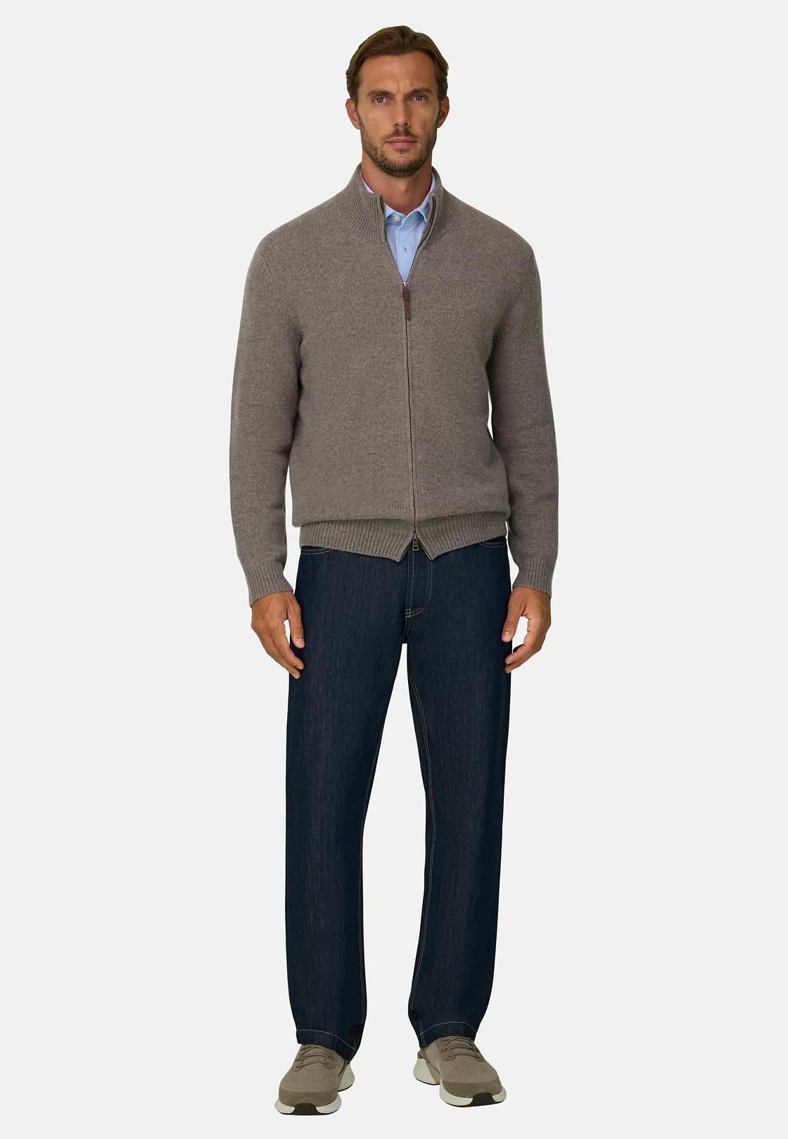 Full-Zip Jumper in Cashmere Wool, Taupe, hi-res, 2
