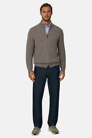 Full-Zip Jumper in Cashmere Wool, Taupe, thumb, 2